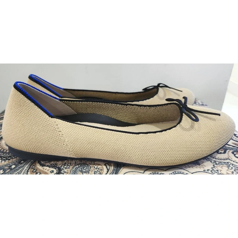 Rothys The Bow Flat Fawn Tan Navy Blue Trim Sustainable Washable Shoes W10 - Picture 4 of 9